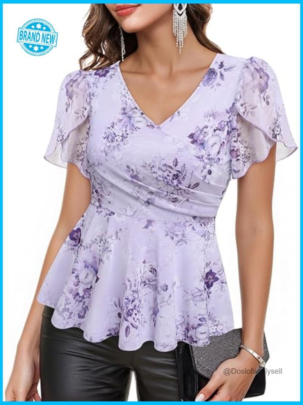 Peplum Blouse V-Neck Petal Sleeve Dressy Casual Wrap Top Work Night Out